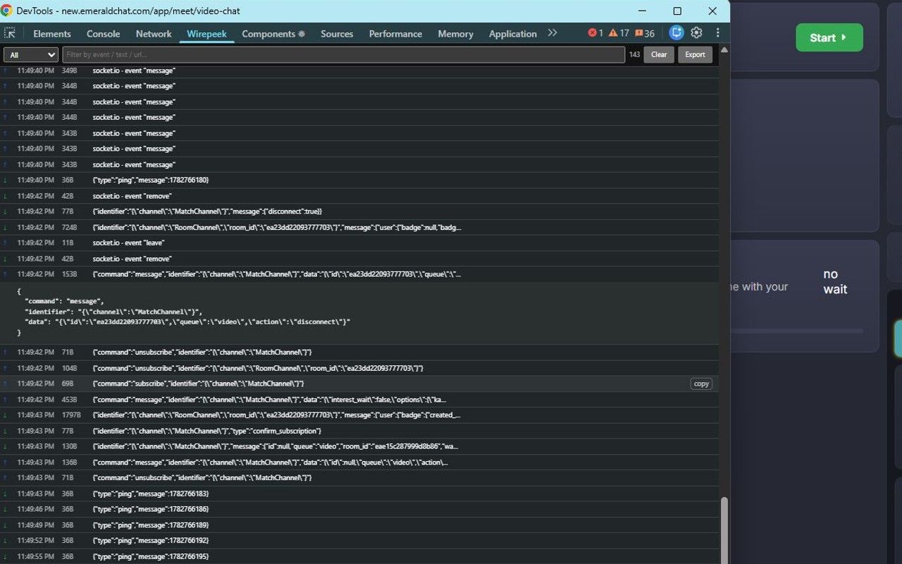 The Wirepeek DevTools panel listing live socket.io frames with direction, timestamp and decoded event names.